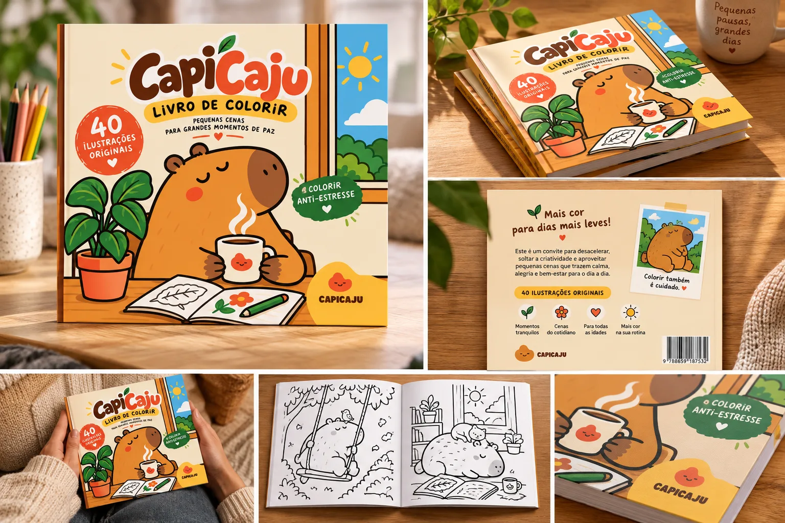 Livro de colorir Capicaju apresentado pela capa, contracapa, páginas internas e cenas de uso